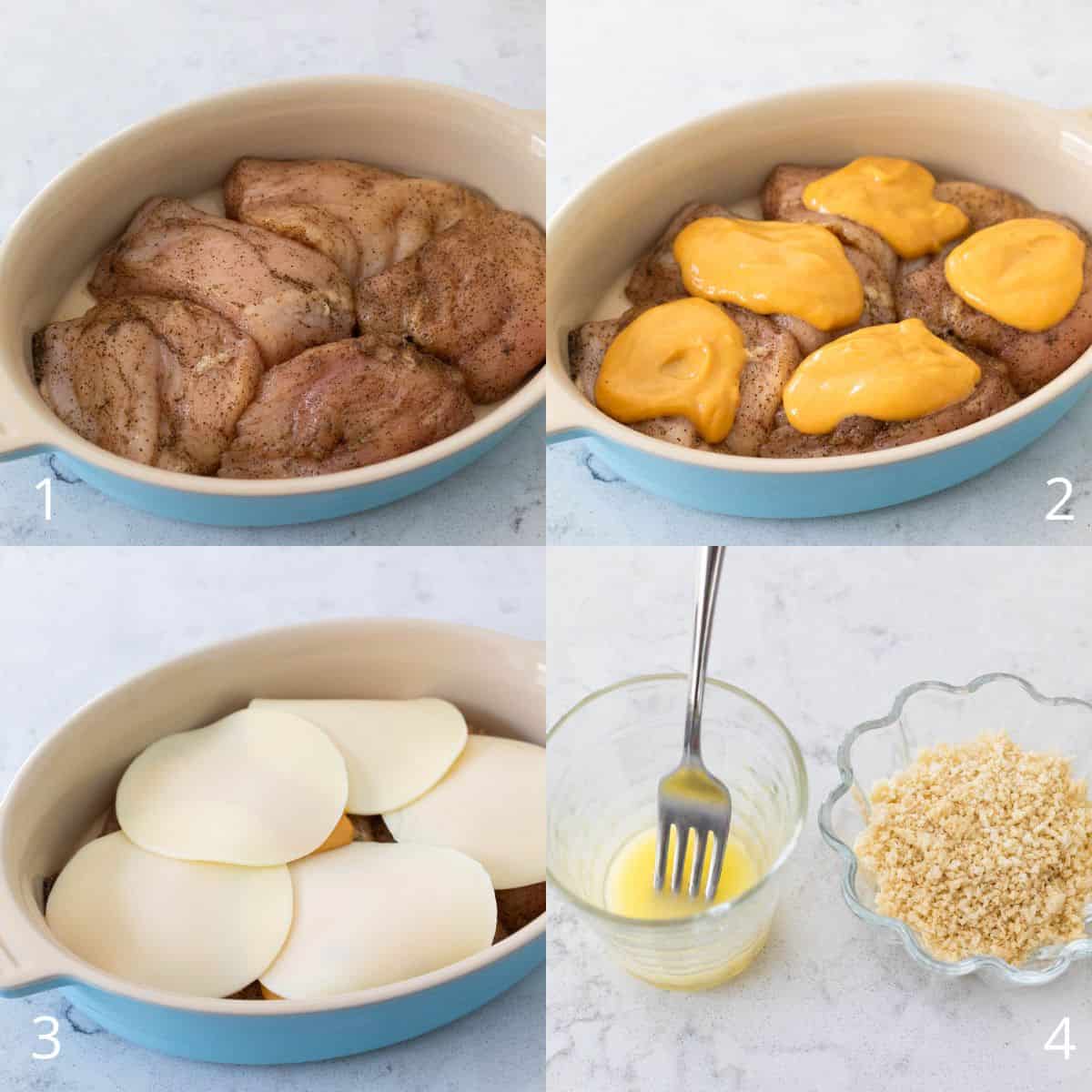 The step-by-step photo collage shows how to prepare baked Chick-Fil-A-style chicken by seasoning the chicken, topping it with Chick-Fil-A sauce, layering with provolone cheese, and preparing a butter and breadcrumb topping.