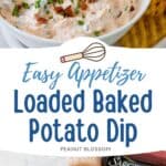 The photo collage shows the Baked Potato Dip with Waffle Fry Dippers next to a photo of the ingredients needed to make it.