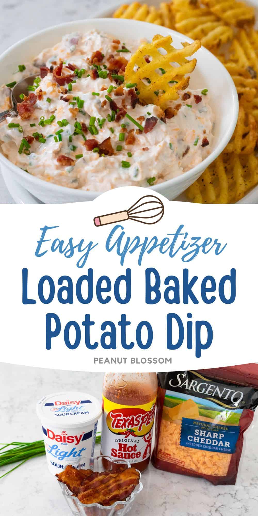 The photo collage shows the Baked Potato Dip with Waffle Fry Dippers next to a photo of the ingredients needed to make it.