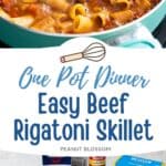 The photo collage shows the cooked Beef Rigatoni in a large teal pan next to a photo of the ingredients needed to make it.