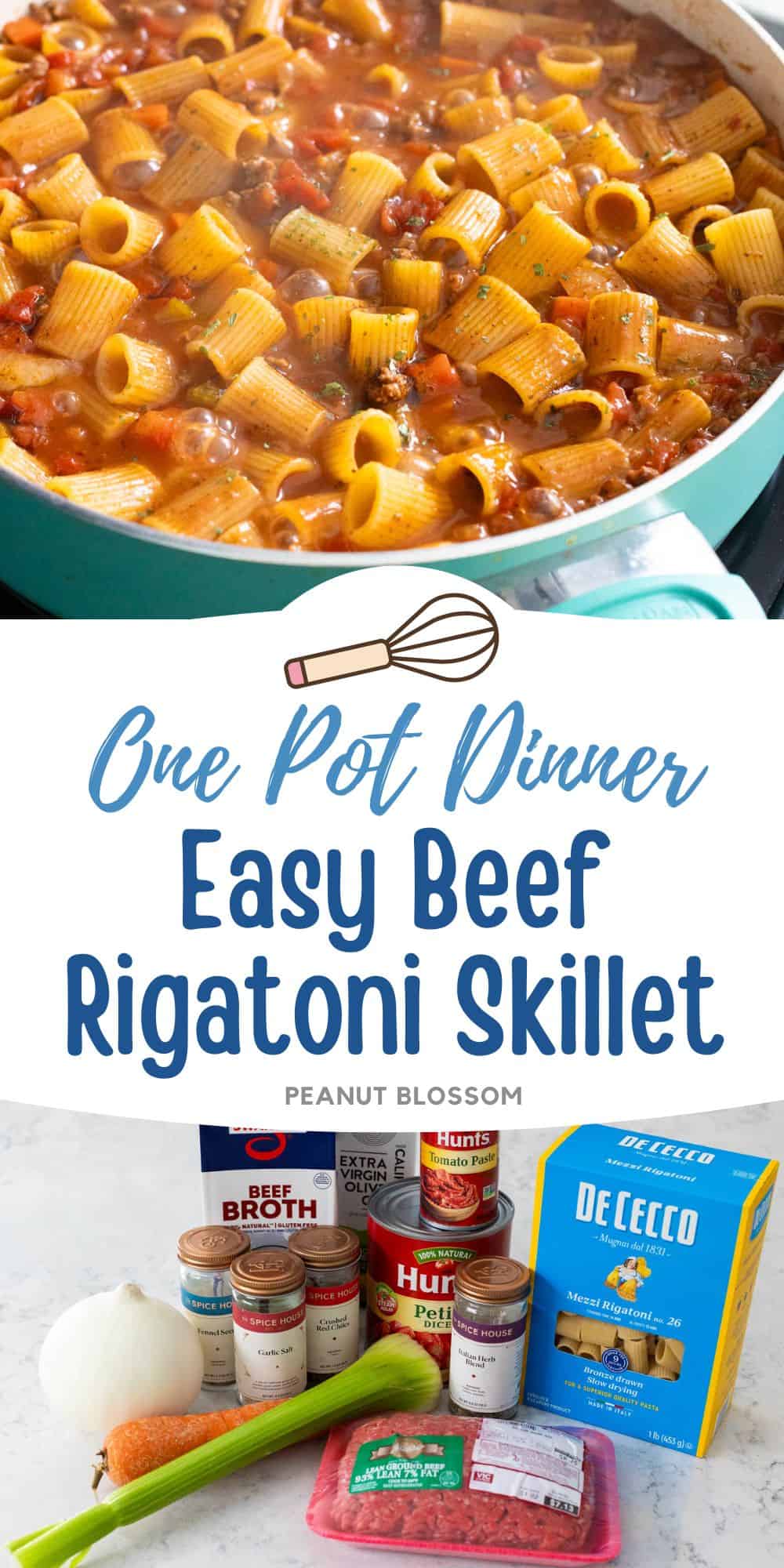 The photo collage shows the cooked Beef Rigatoni in a large teal pan next to a photo of the ingredients needed to make it.