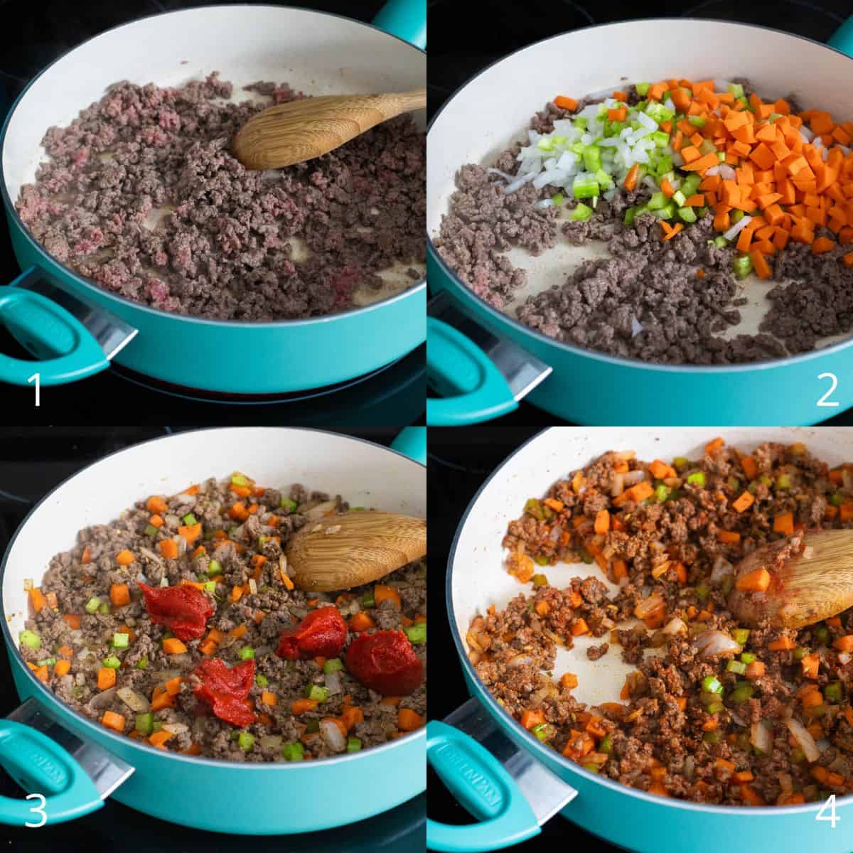 The step by step photo collage shows how to brown the ground beef and saute the vegetables.