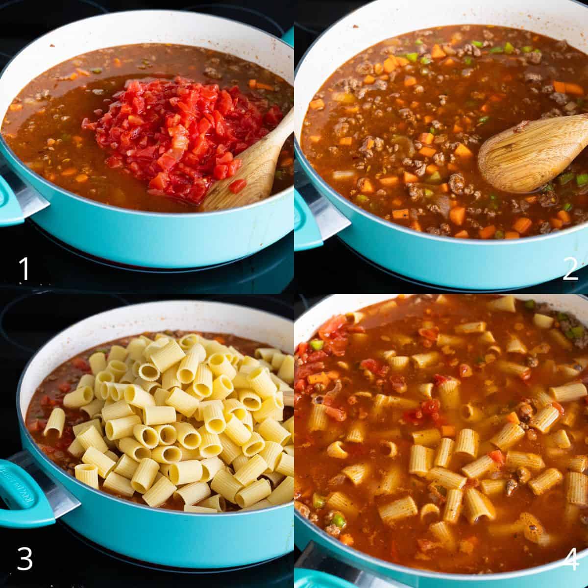 The step-by-step photo collage shows how to prepare beef rigatoni by adding diced tomatoes, simmering the meat sauce, adding rigatoni pasta, and cooking everything together.