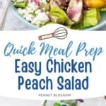 The photo collage shows the leafy salad topped with sliced chicken, peach wedges, and crumbled goat cheese is drizzled with blueberry vinaigrette next to a photo of the ingredients needed to make it.