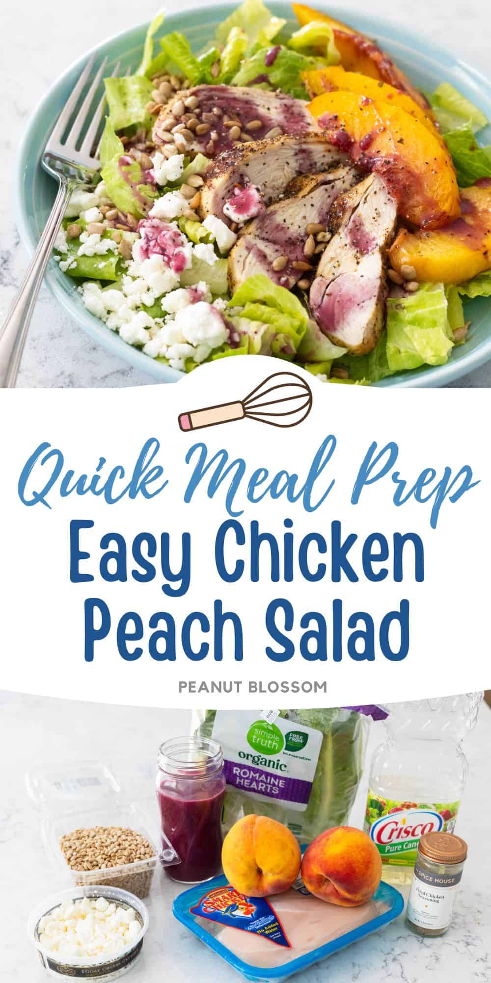 The photo collage shows the leafy salad topped with sliced chicken, peach wedges, and crumbled goat cheese is drizzled with blueberry vinaigrette next to a photo of the ingredients needed to make it.