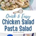 The photo collage shows the blue bowl is filled with creamy pasta salad with chunks of chicken and chopped celery next to a photo of the ingredients needed to make it.