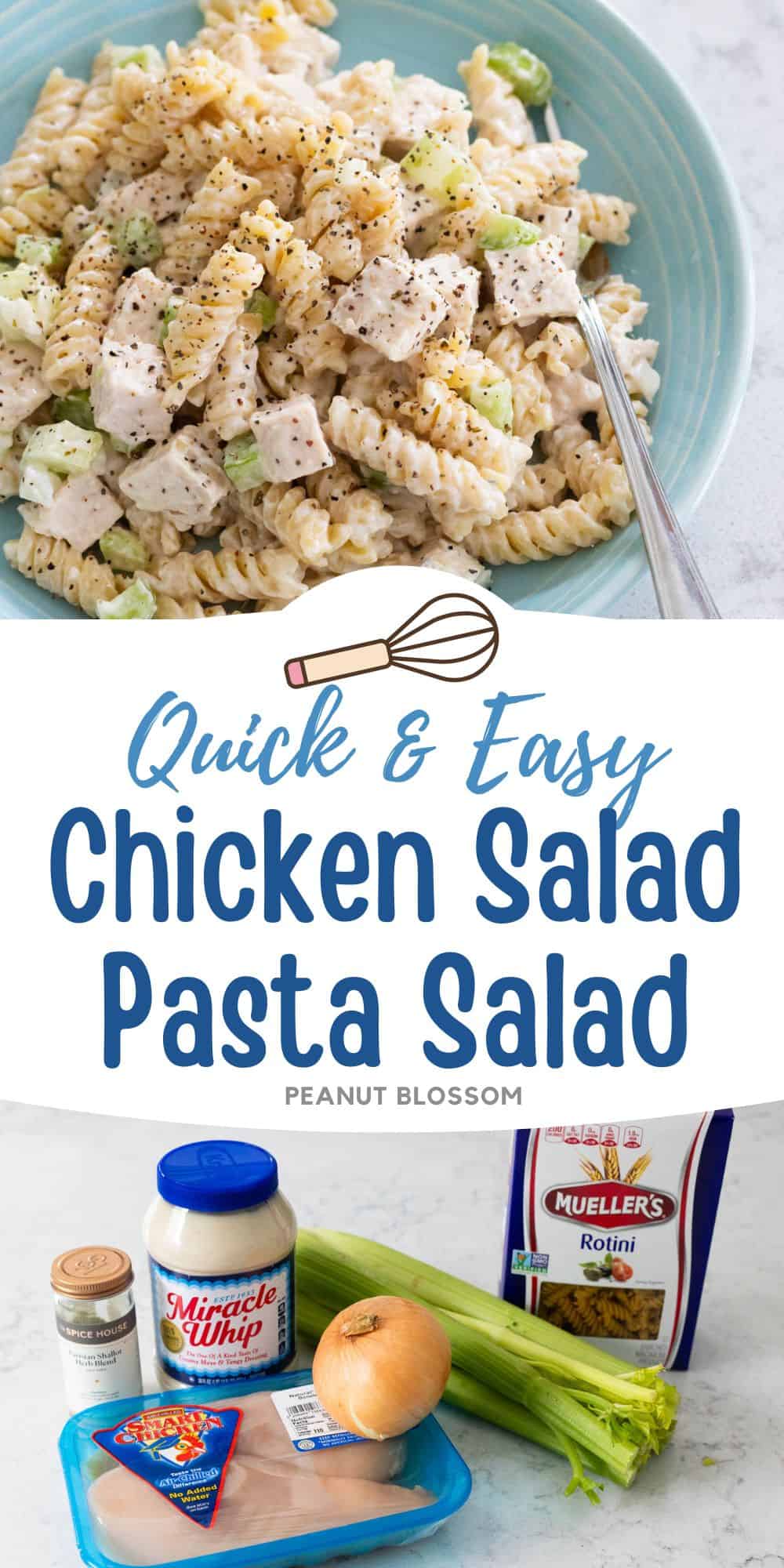 The photo collage shows the blue bowl is filled with creamy pasta salad with chunks of chicken and chopped celery next to a photo of the ingredients needed to make it.