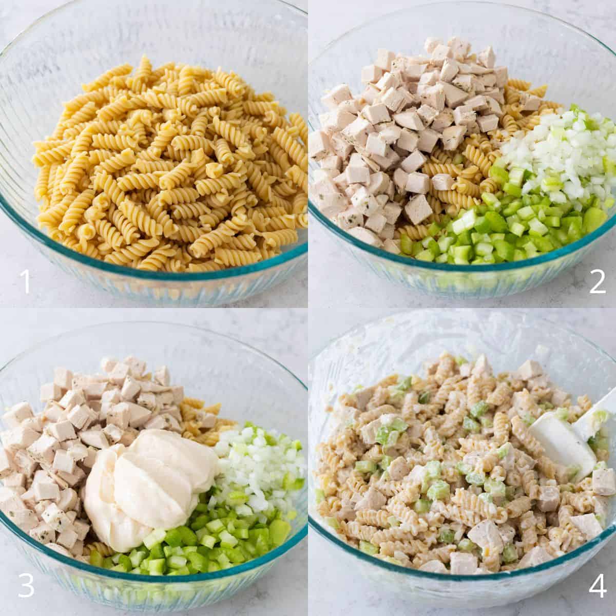 The step by step photo collage shows how to assemble the pasta salad.