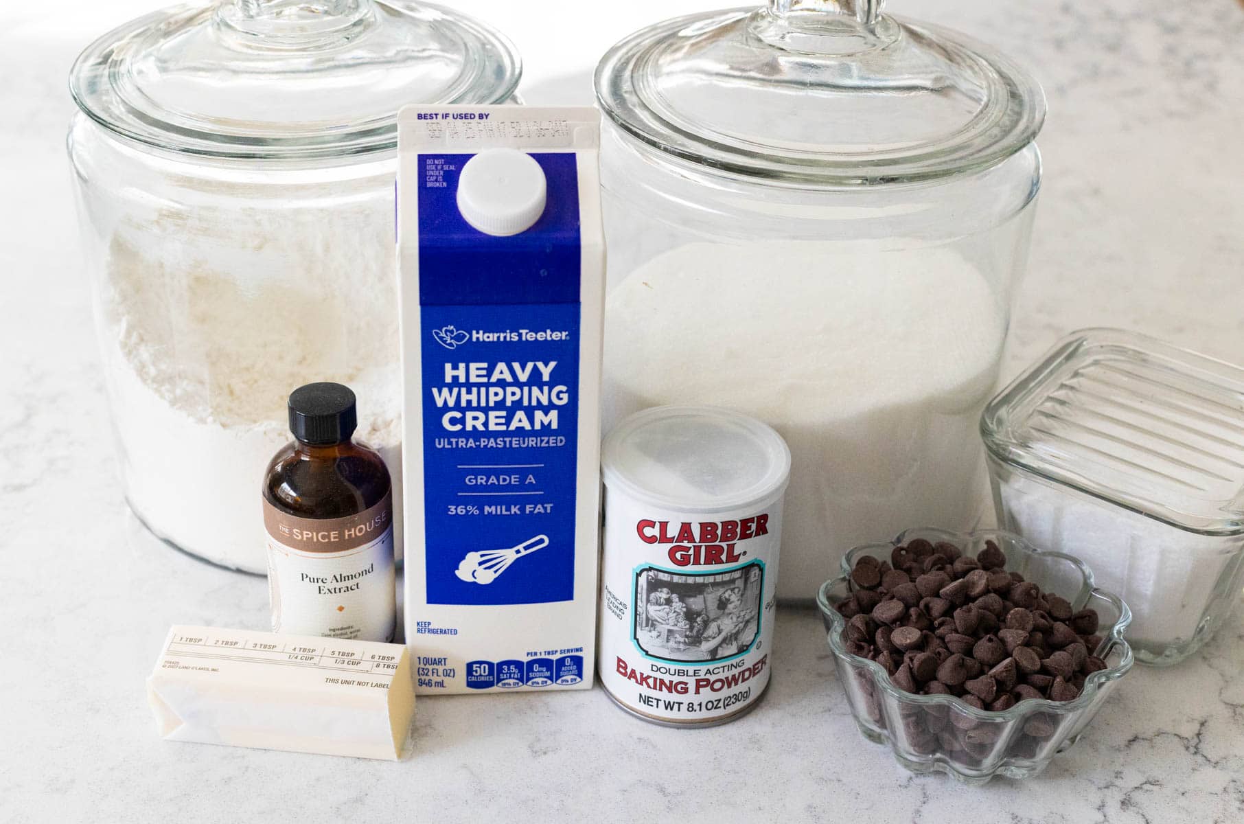 The ingredients to make Chocolate Chip Scones are on the kitchen counter.
