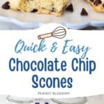 The photo collage shows the baked Chocolate Chip Scones next to a photo of the ingredients needed to make it.
