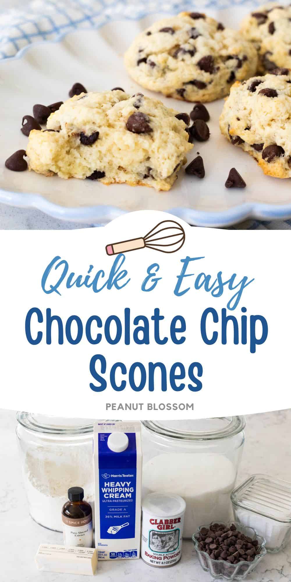 The photo collage shows the baked Chocolate Chip Scones next to a photo of the ingredients needed to make it.