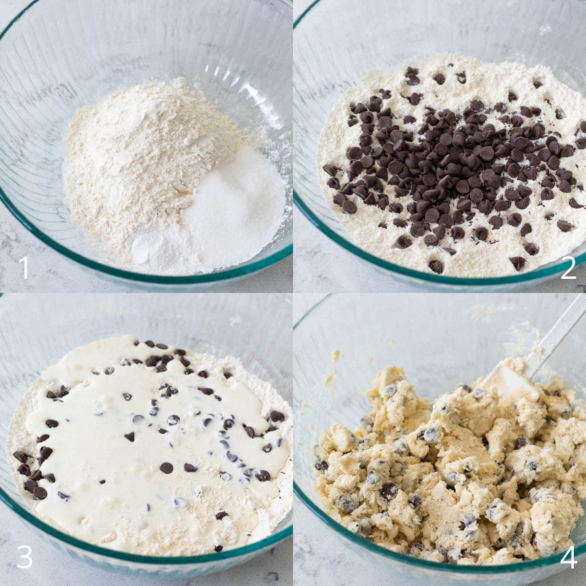 The step by step photo collage shows how to make the dough: mixing dry ingredients, adding chocolate chips, pouring cream, and forming dough.