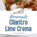 The photo collage shows the mixture of cilantro lime cream next to a photo of the nacho casserole.