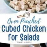 The photo collage shows the cubed chicken breast served in a blue bowl next to a photo of the seasoned chicken breasts in a baking dish.