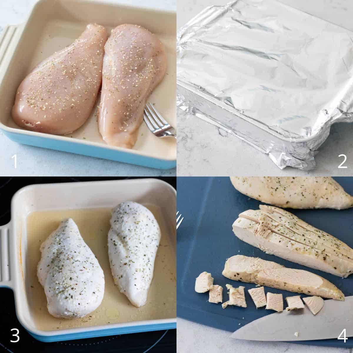 The step by step photo collage shows how to bake and cube the chicken breasts