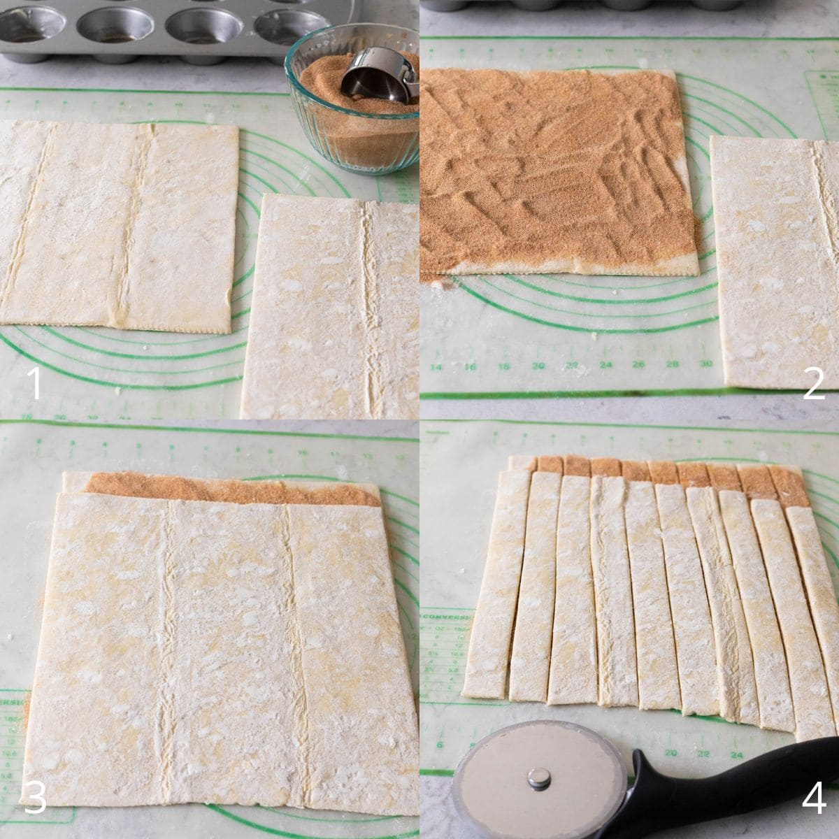 The step by step photo collage shows how to make easy cruffins by laying out puff pastry sheets, sprinkling them with cinnamon sugar, folding the pastry, and cutting it into strips before shaping and baking.