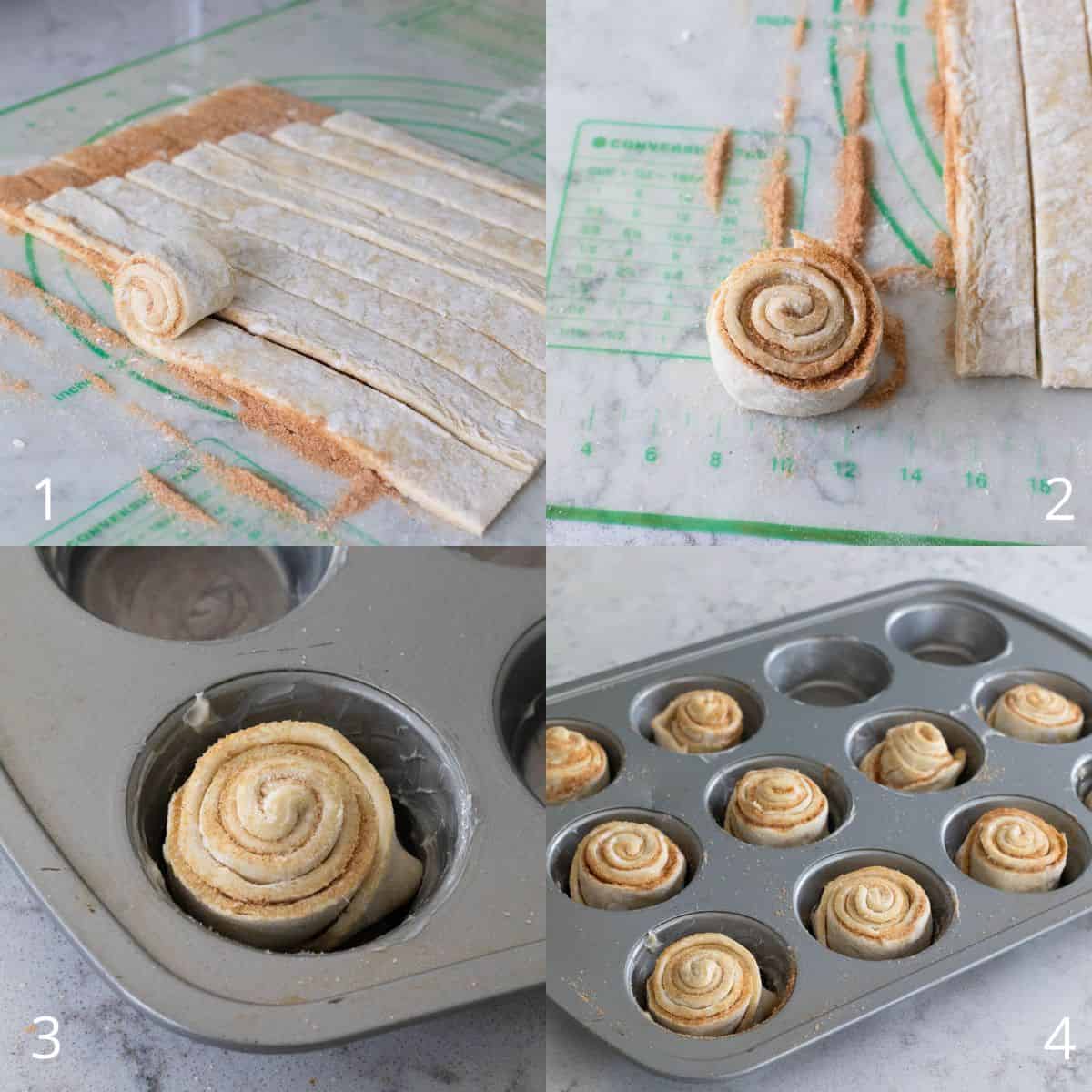 The step by step photo collage shows how to shape easy cruffins by rolling up the cinnamon sugar–coated pastry strips, placing the rolled spirals into a muffin tin, and preparing them for baking.