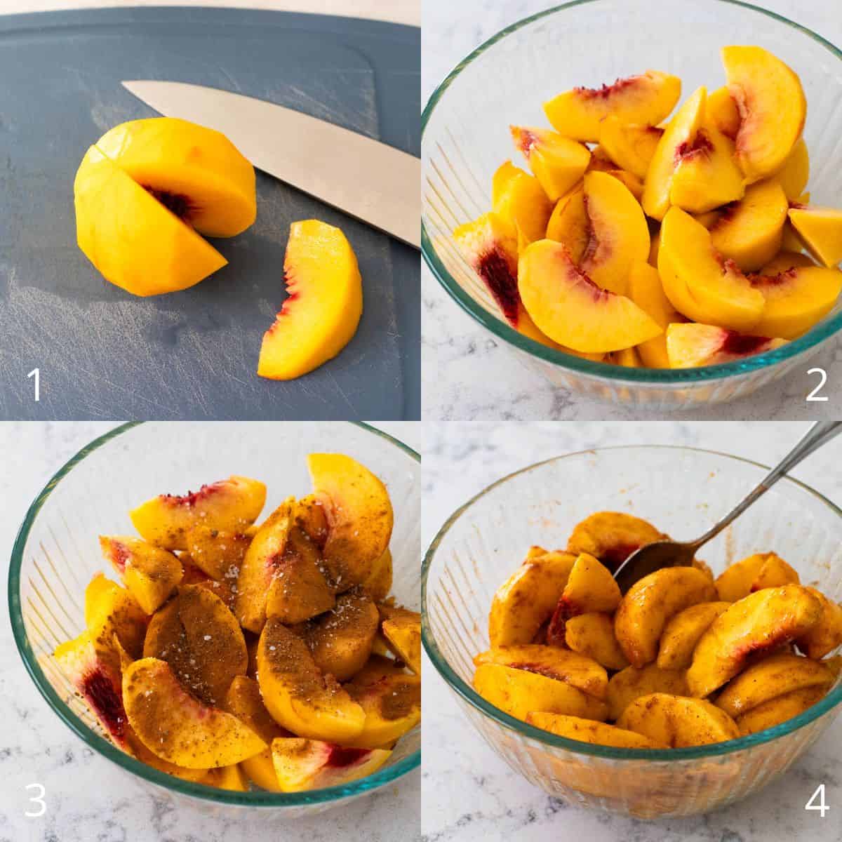 The step by step photo collage showing peaches being sliced, placed in a bowl, seasoned with spices and sugar, then mixed for skillet frying.