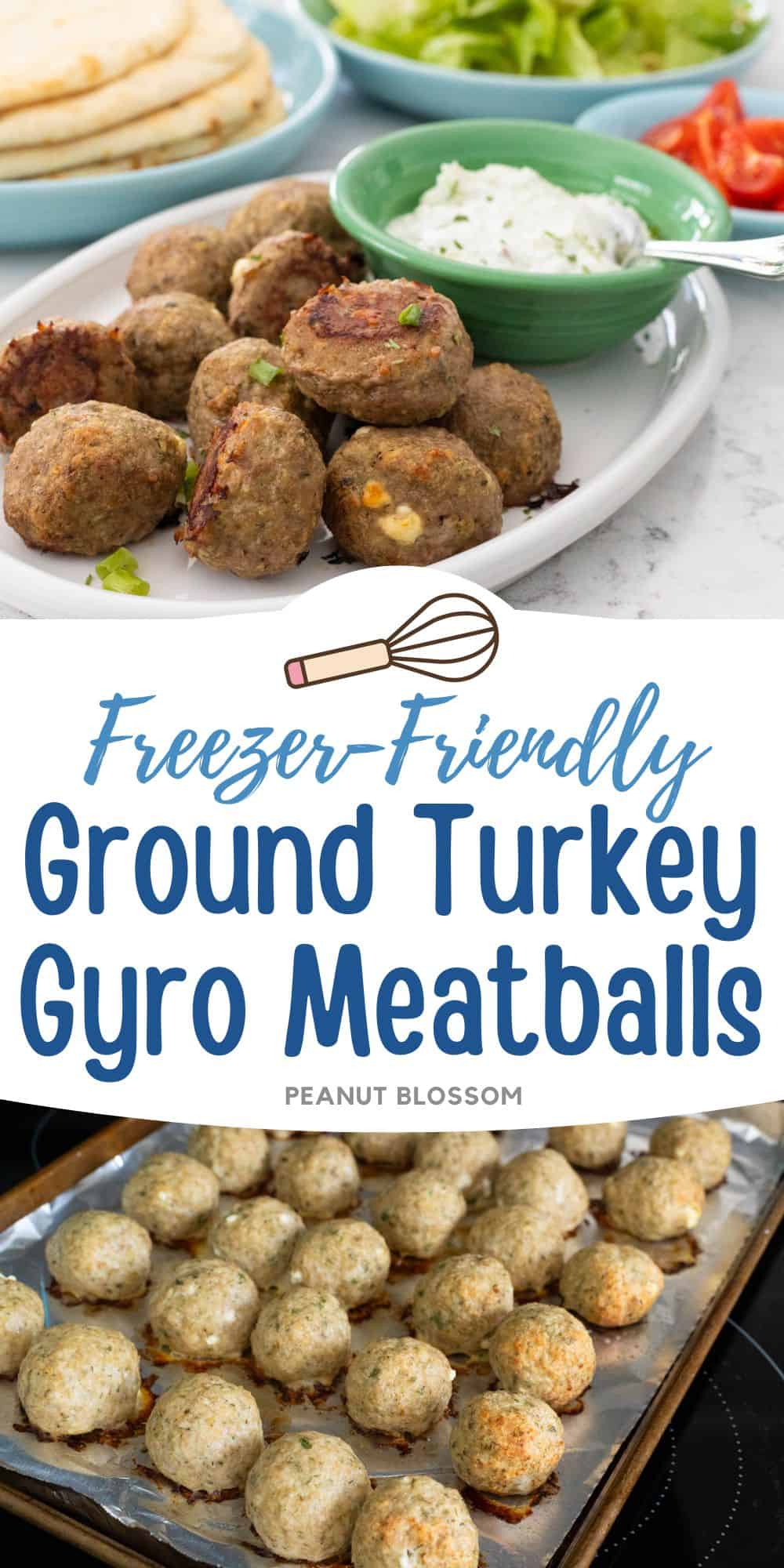 Photo collages shows a platter of baked gyro meatballs with a bowl of tzatziki sauce for dipping next to a photo of the meatballs lined up on the roasting pan.