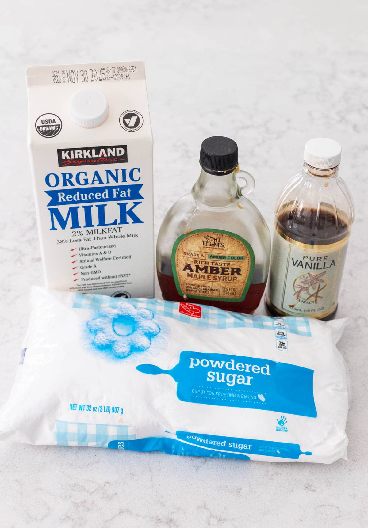 The ingredients to make Maple Glaze are on the kitchen counter.