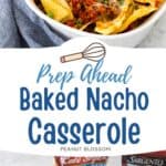 The photo collage shows the baked Nacho Casserole next to a photo of the ingredients needed to make it.
