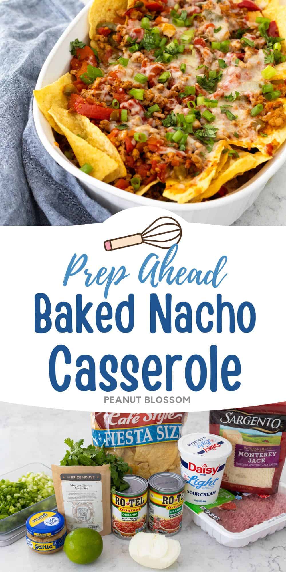 The photo collage shows the baked Nacho Casserole next to a photo of the ingredients needed to make it.