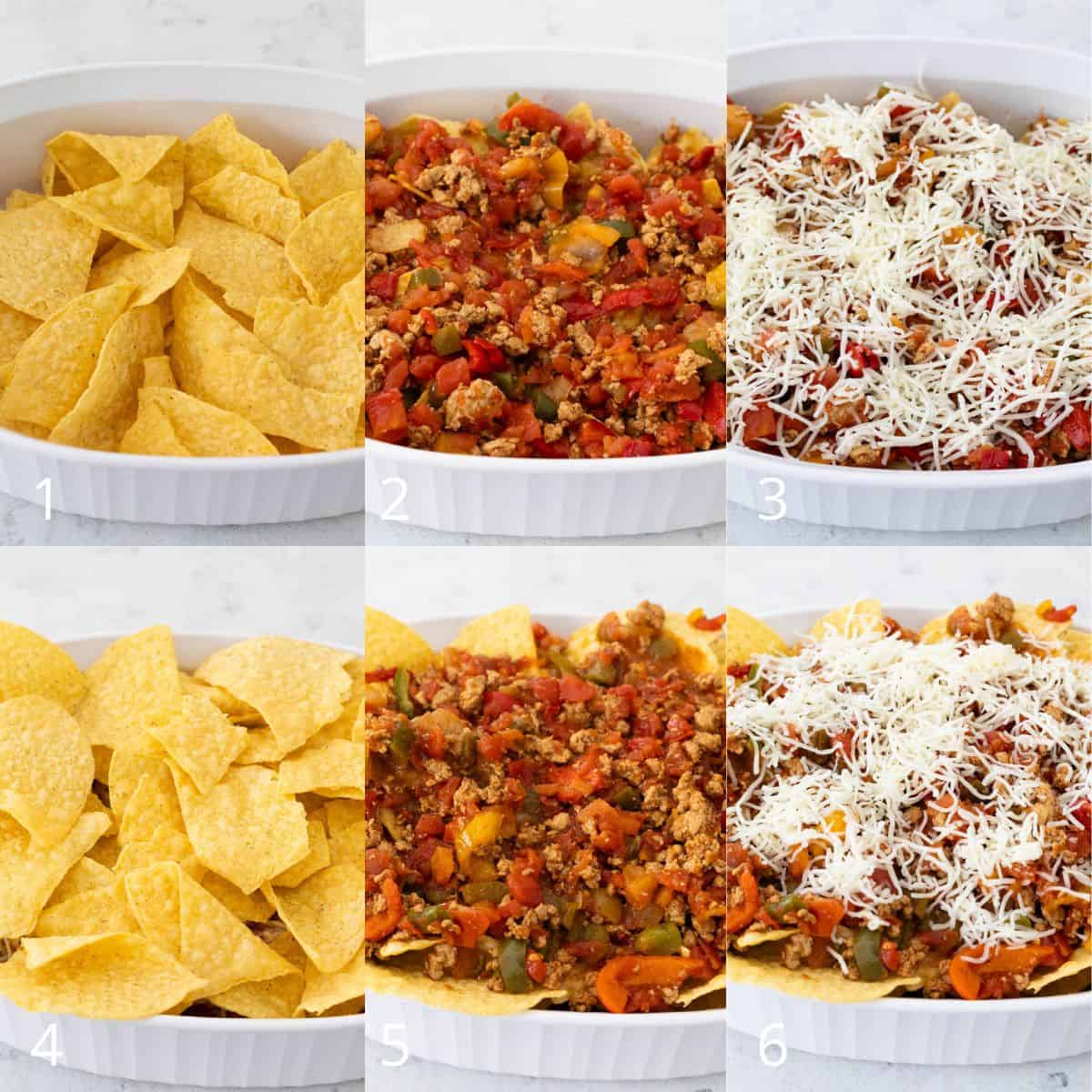 The step by step photo collage shows how to prep the Nacho Casserole layering process.