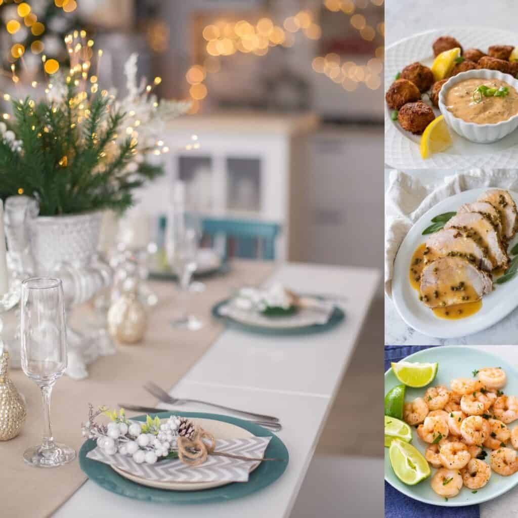 The photo collage shows an elegant white table with candles next to 3 easy recipes for New year's Eve.