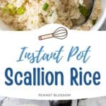 The photo collage shows the cooked scallion rice next to a photo of the ingredients needed to make it.