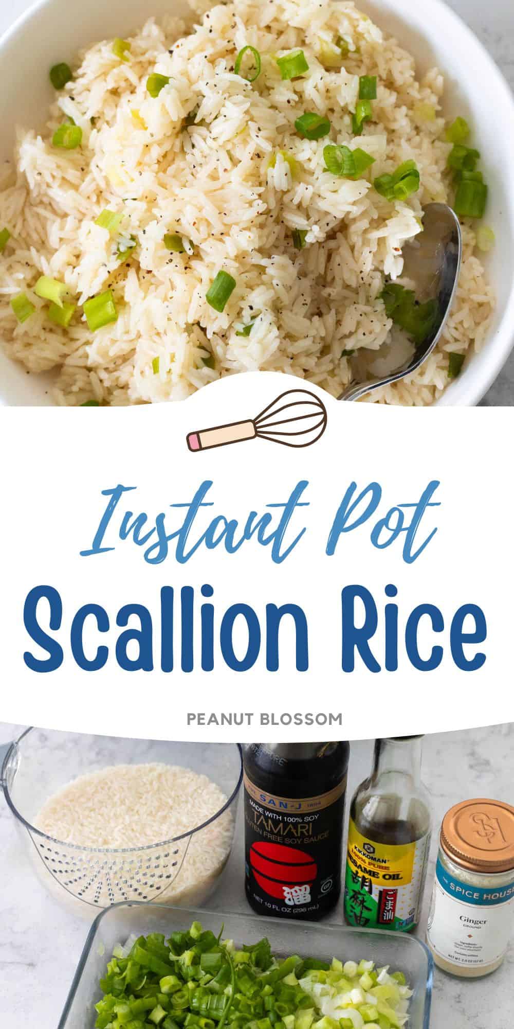 The photo collage shows the cooked scallion rice next to a photo of the ingredients needed to make it.