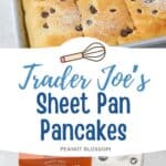 The photo collage shows the golden sheet pan pancakes baked and cut into squares next to a photo of the ingredients needed to make it.