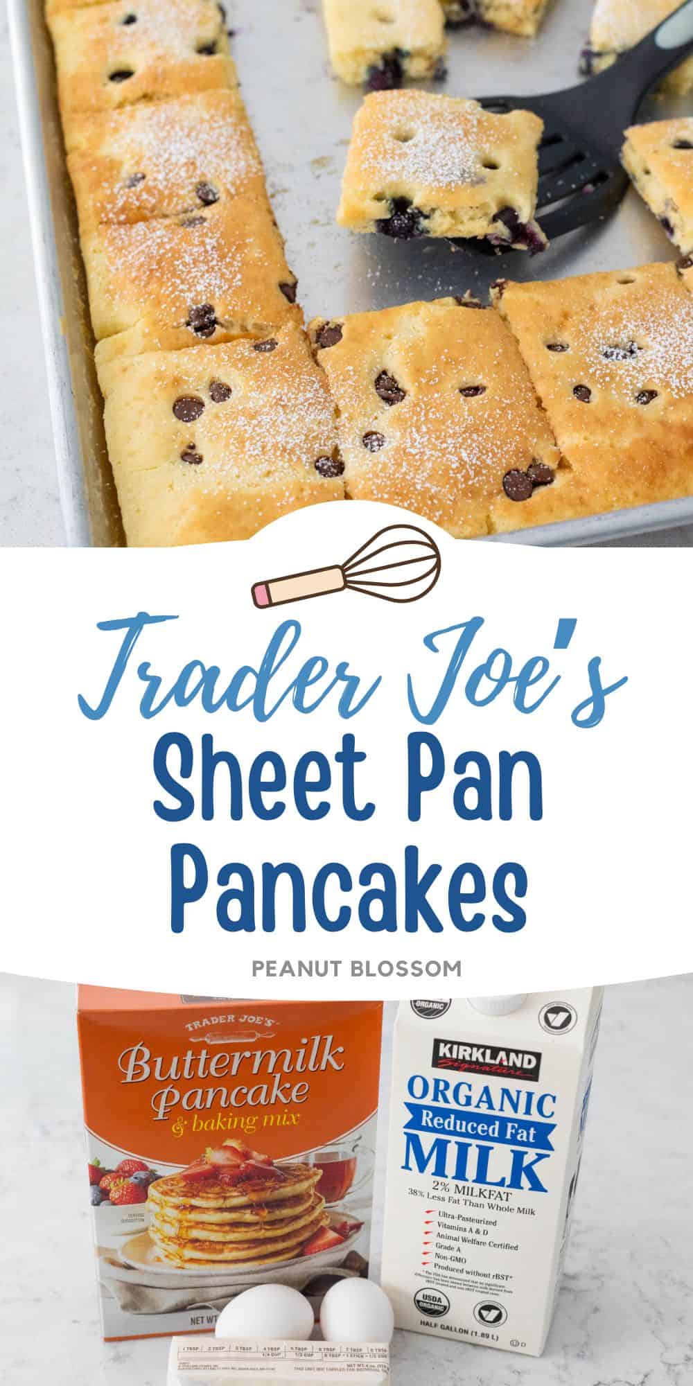The photo collage shows the golden sheet pan pancakes baked and cut into squares next to a photo of the ingredients needed to make it.