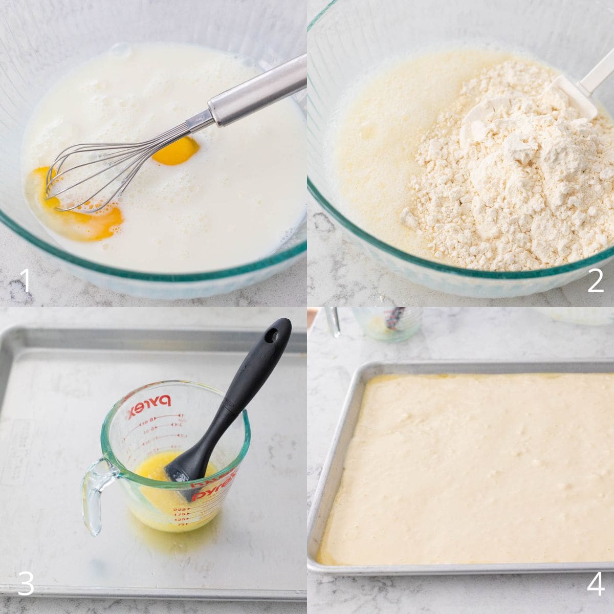 The step by step photo collage shows how to prep the buttermilk pancake mix.