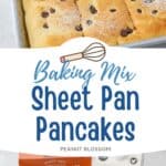 The photo collage shows the golden sheet pan pancakes baked and cut into squares next to a photo of the ingredients needed to make it.