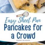 The photo collage shows the square-cut pancakes with chocolate chips on a white plate, dusted with powdered sugar next to a photo of the full sheet pan of golden-brown pancakes topped with chocolate chips, fresh from the oven.