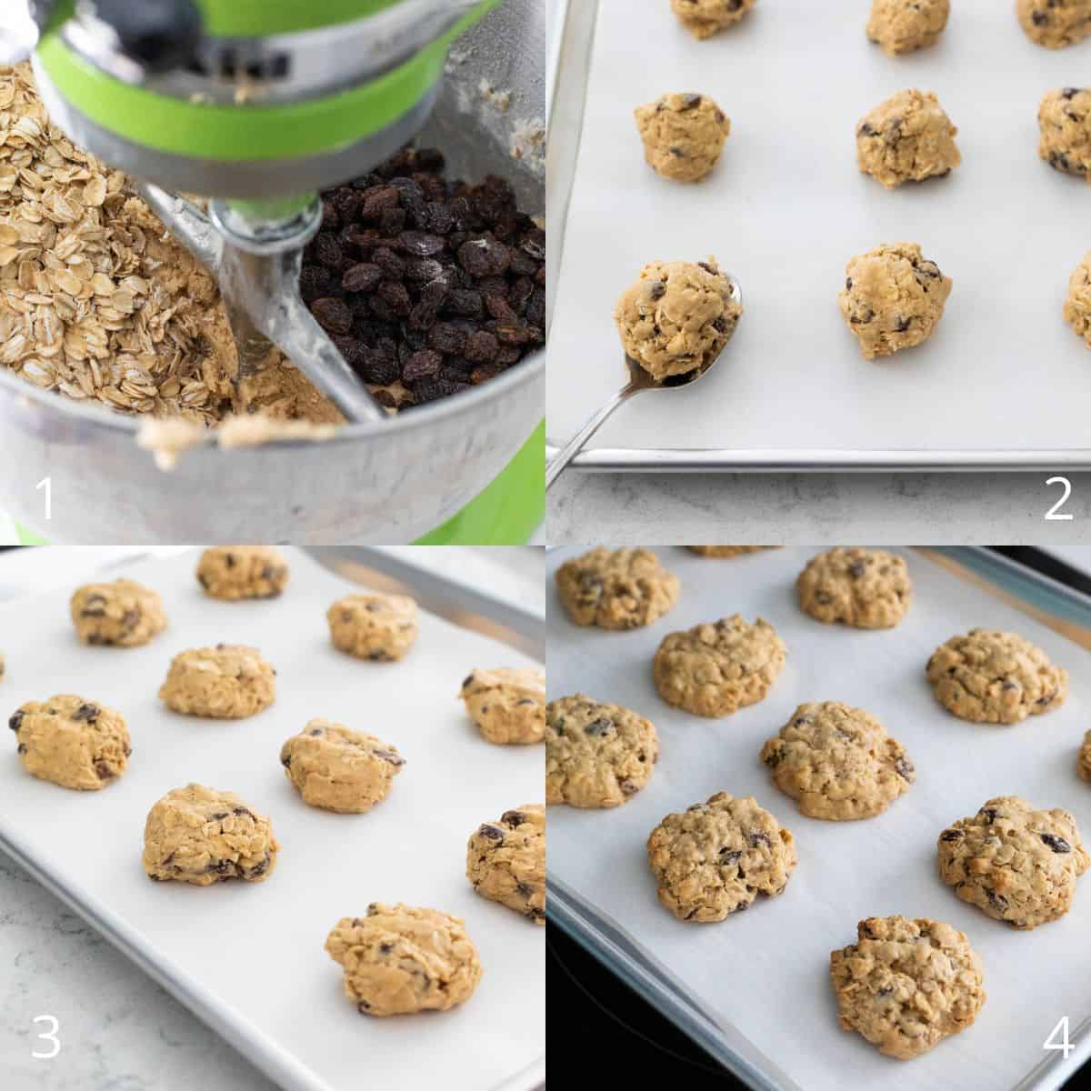 Le collage photo étape par étape montre comment ajouter des flocons d'avoine et des raisins à la pâte à biscuits et la cuisson.