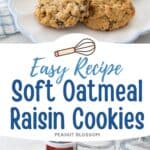 The photo collage shows the baked Oatmeal Raisin Cookies next to a photo of the ingredients needed to make it.