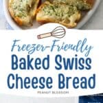The photo collage shows the baked Swiss cheese bread, sliced to show the melted cheese and herbs inside next to a photo of the ingredients needed to make it.