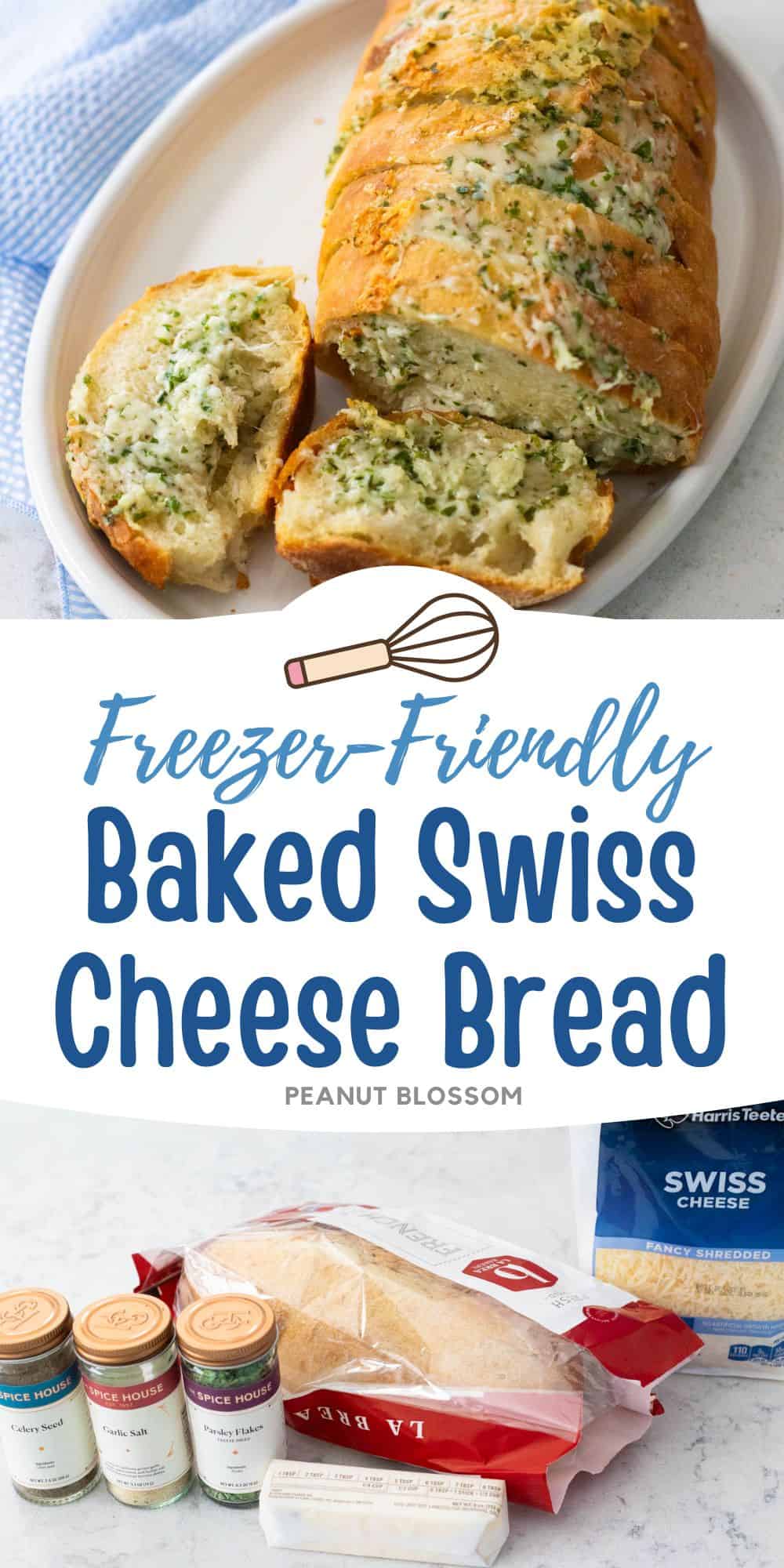 The photo collage shows the baked Swiss cheese bread, sliced to show the melted cheese and herbs inside next to a photo of the ingredients needed to make it.