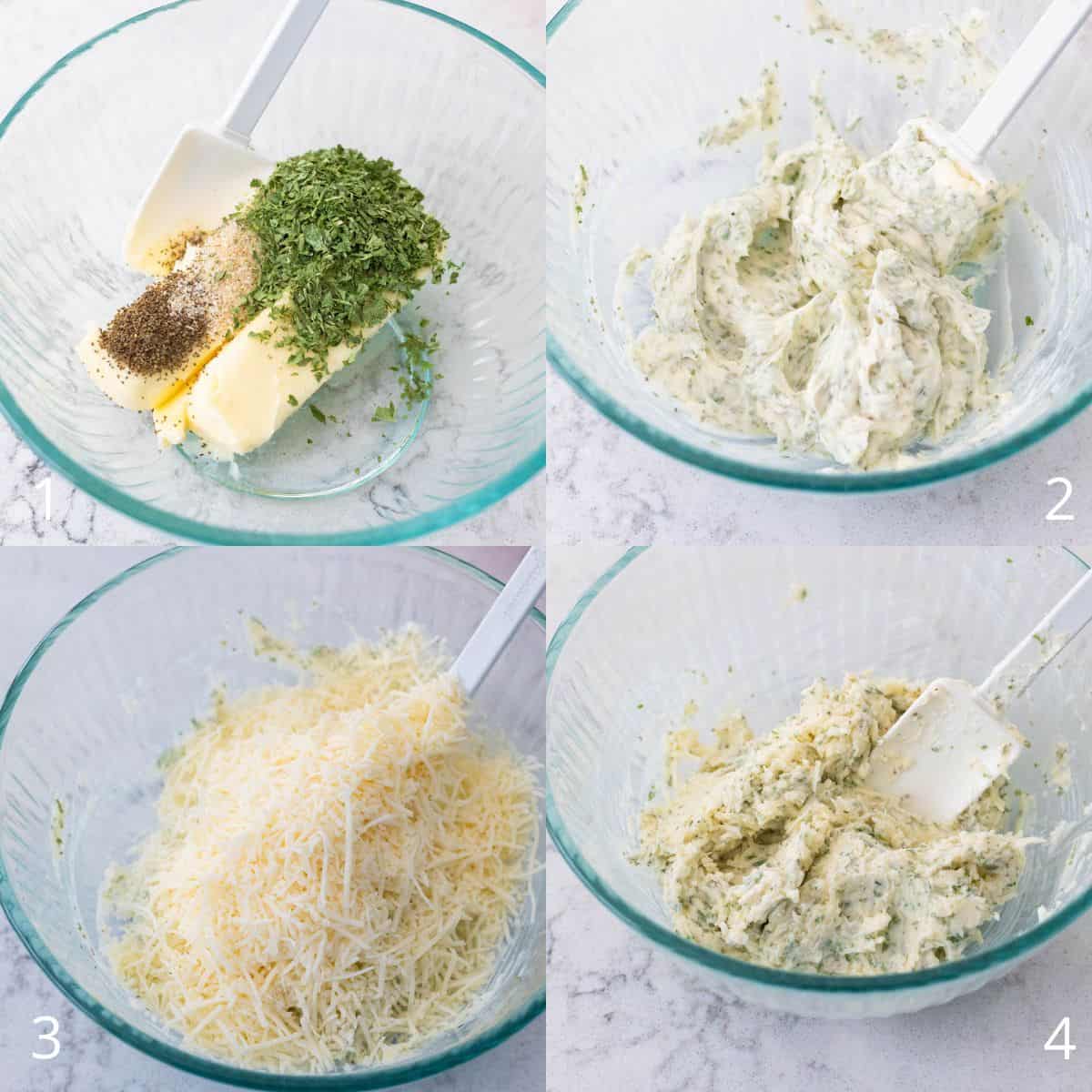 The step by step photo collage shows how to make cheese butter spread.