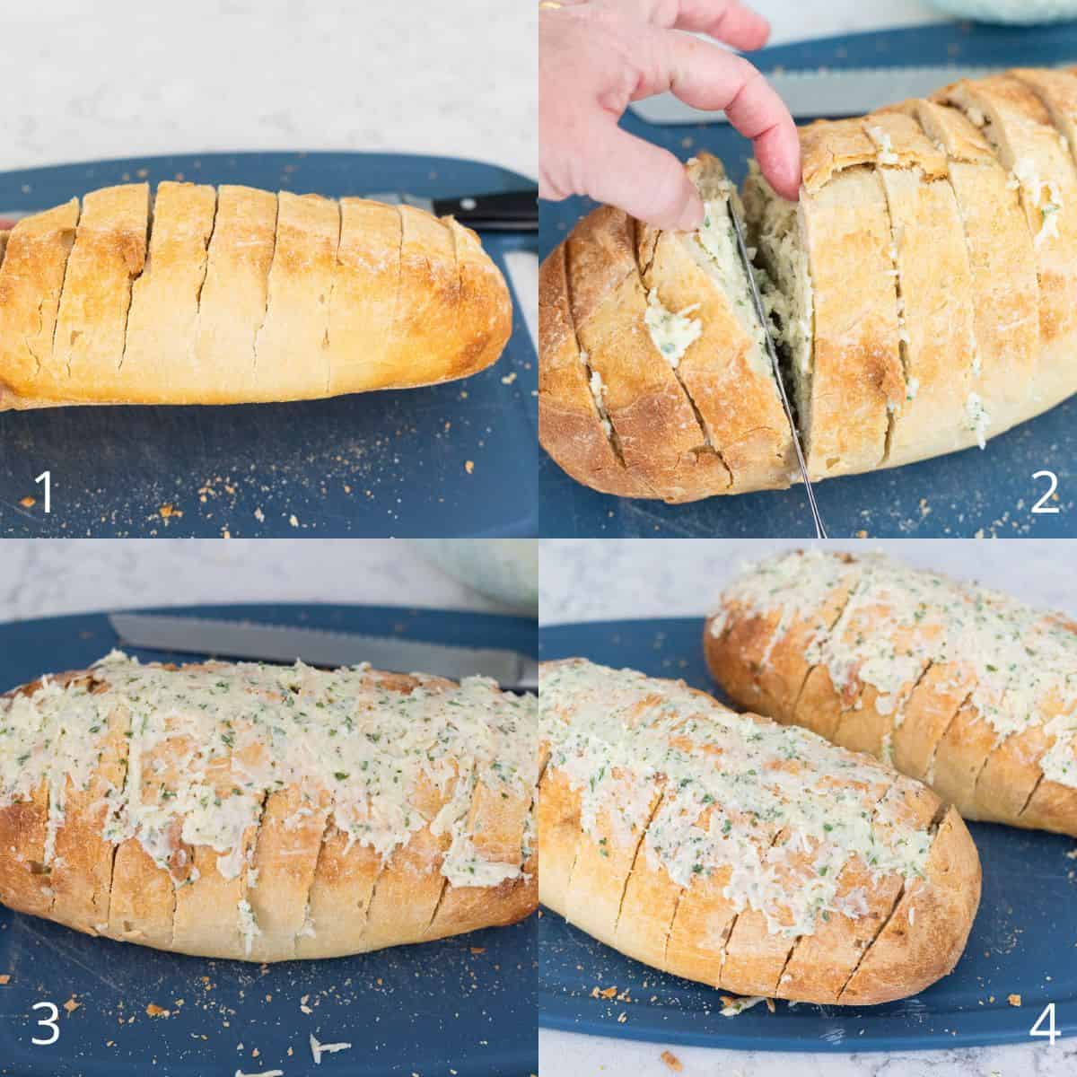 The step by step photo collage shows how to put the cheese butter spread over and inside the bread.