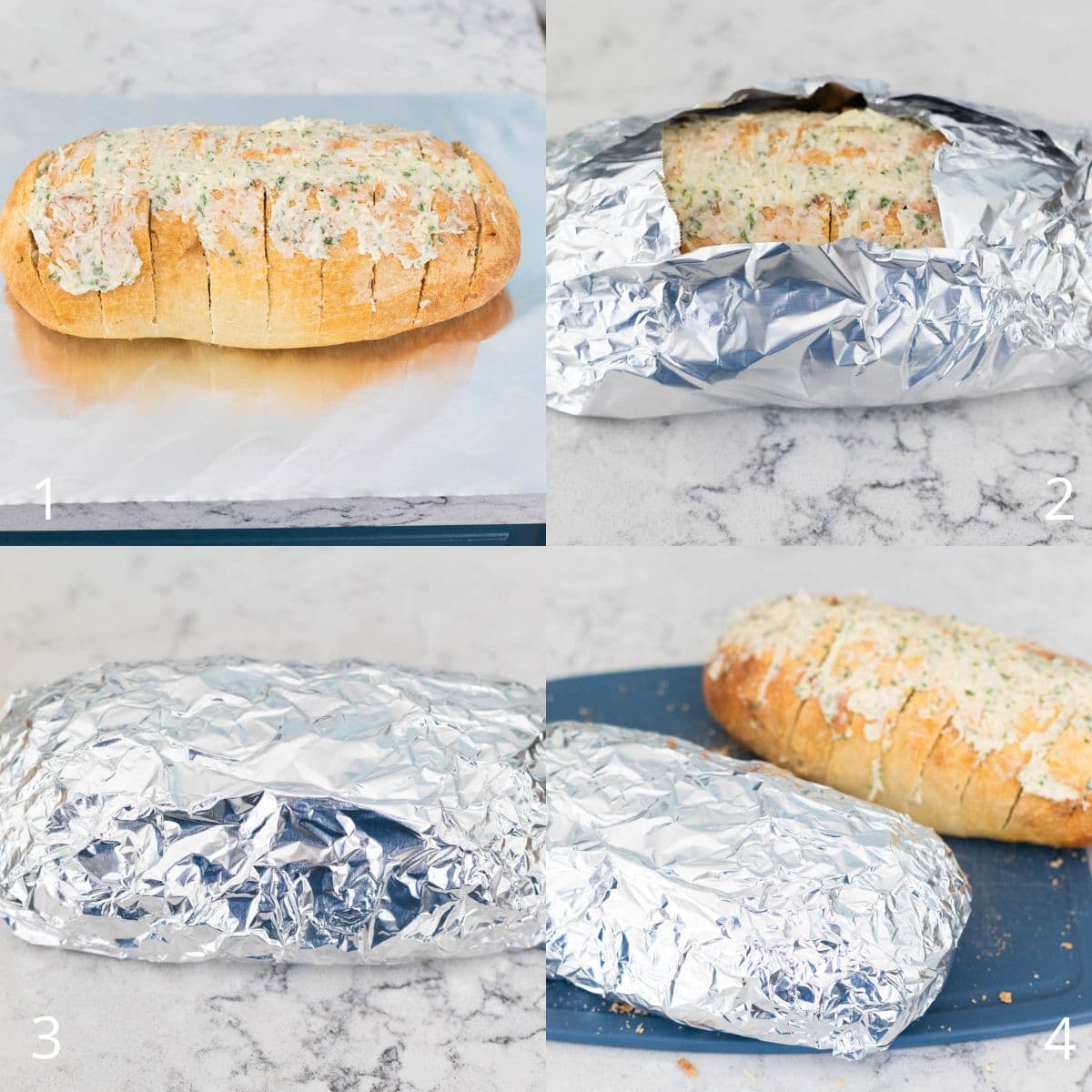 The step by step photo collage shows how to prepare cheese-butter-stuffed bread placed on a sheet of foil.