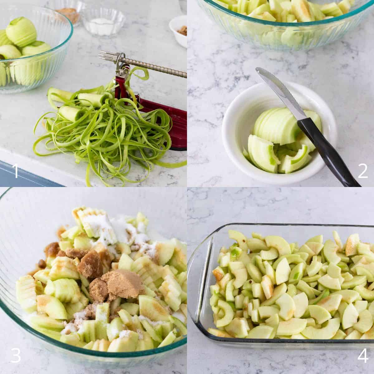 The step-by-step photo collage shows apples being peeled and sliced, then mixed with sugar before being spread into a baking dish for the apple snickerdoodle dump cake.