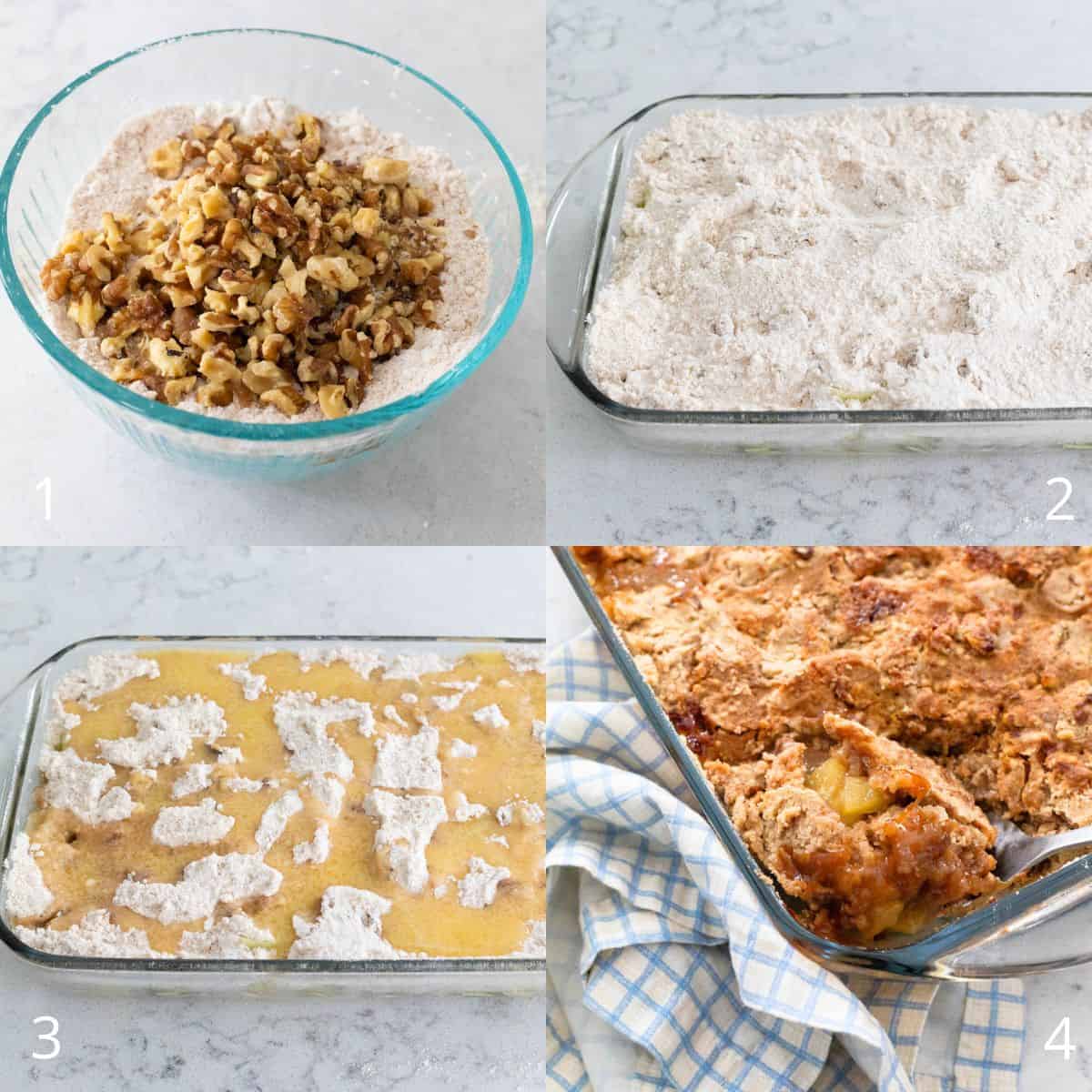 The step-by-step photo collage shows mixing chopped walnuts into the cake mix, spreading the dry mixture over the apples, topping with melted butter, and the finished baked apple snickerdoodle dump cake being scooped from the pan.