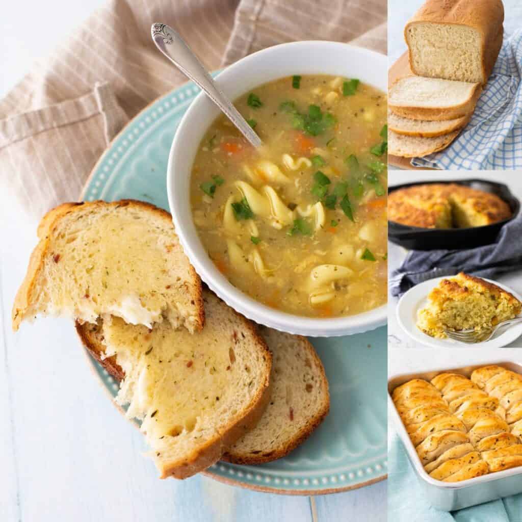 The photo collage shows a bowl of soup with a slice of bread next to it and 3 more photos of breads to serve with soup.