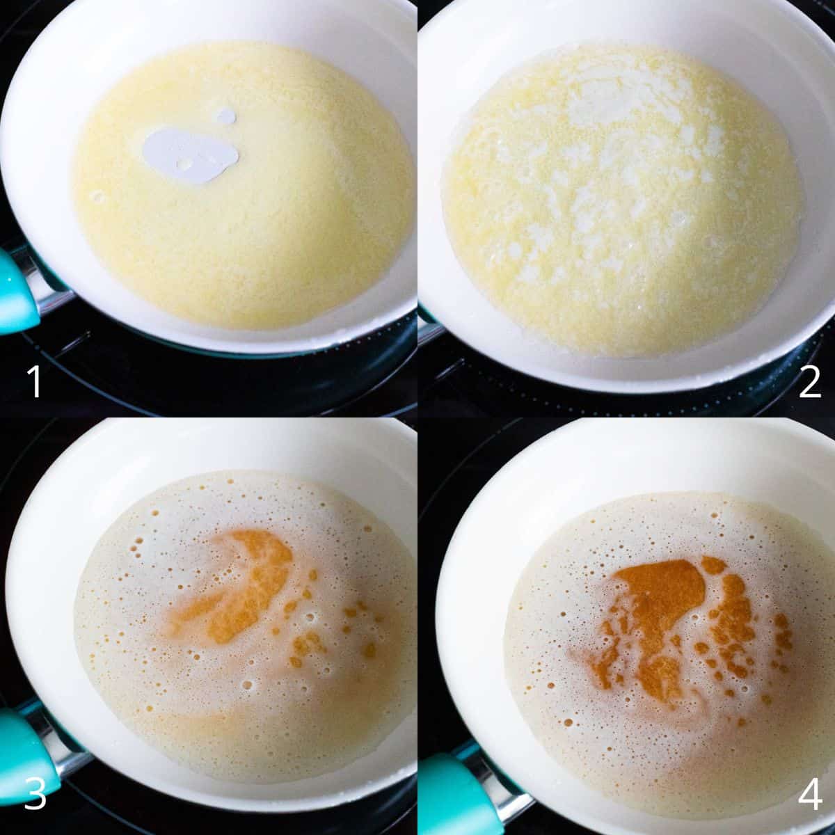 The step by step photo collage shows how to brown butter in a small skillet.