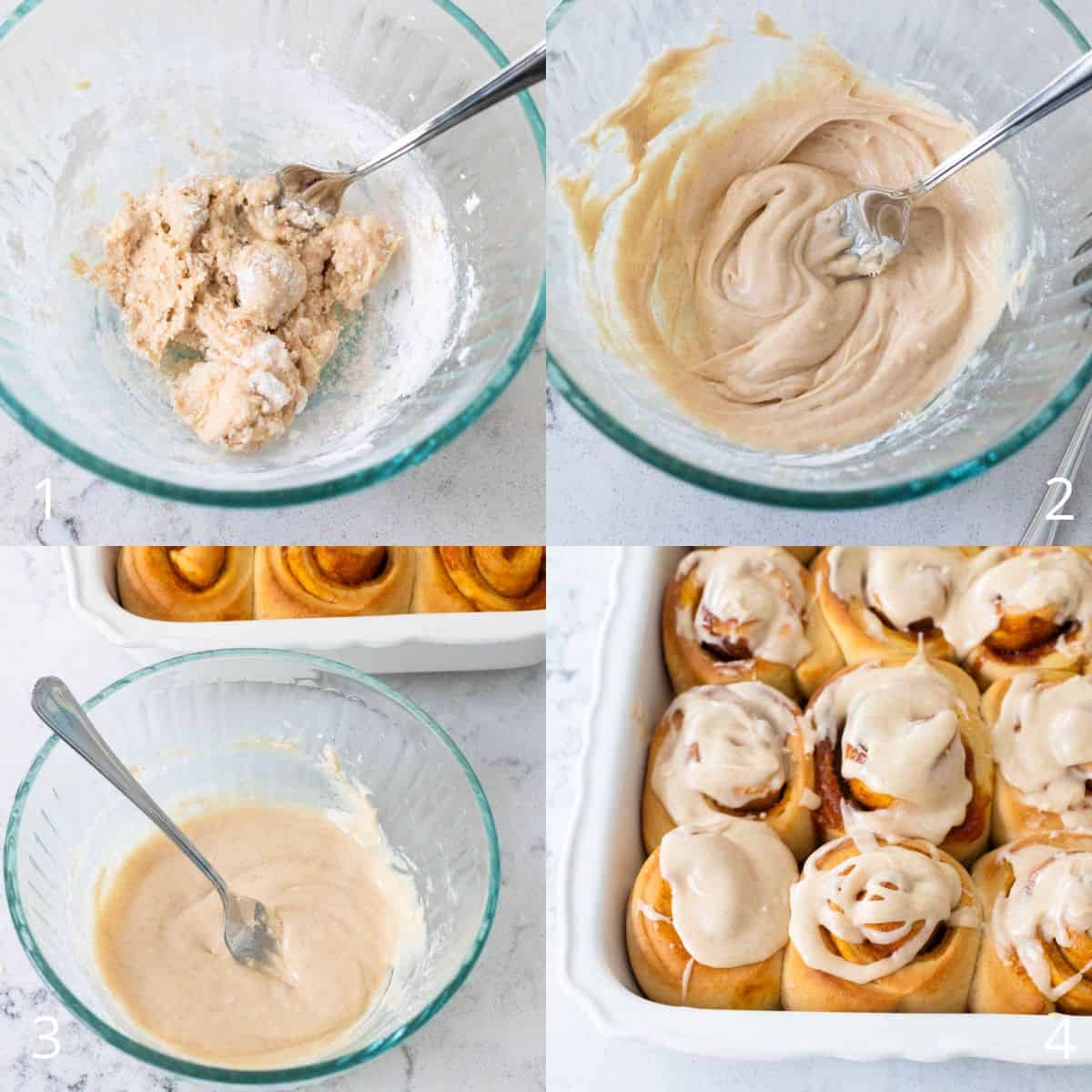 The step by step photo collage shows how to make the glaze for the cinnamon rolls.