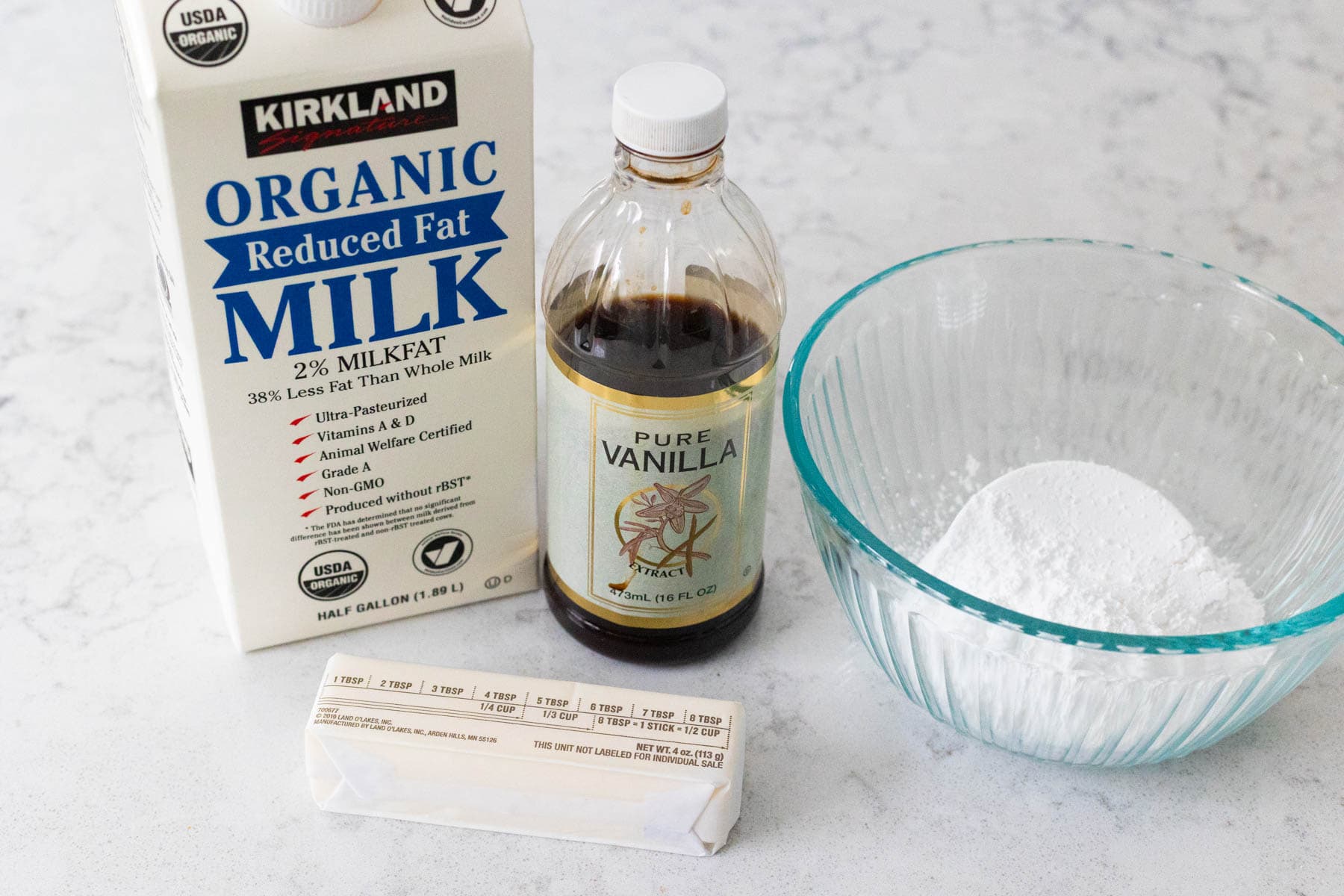 The ingredients to make the glaze are on the counter.