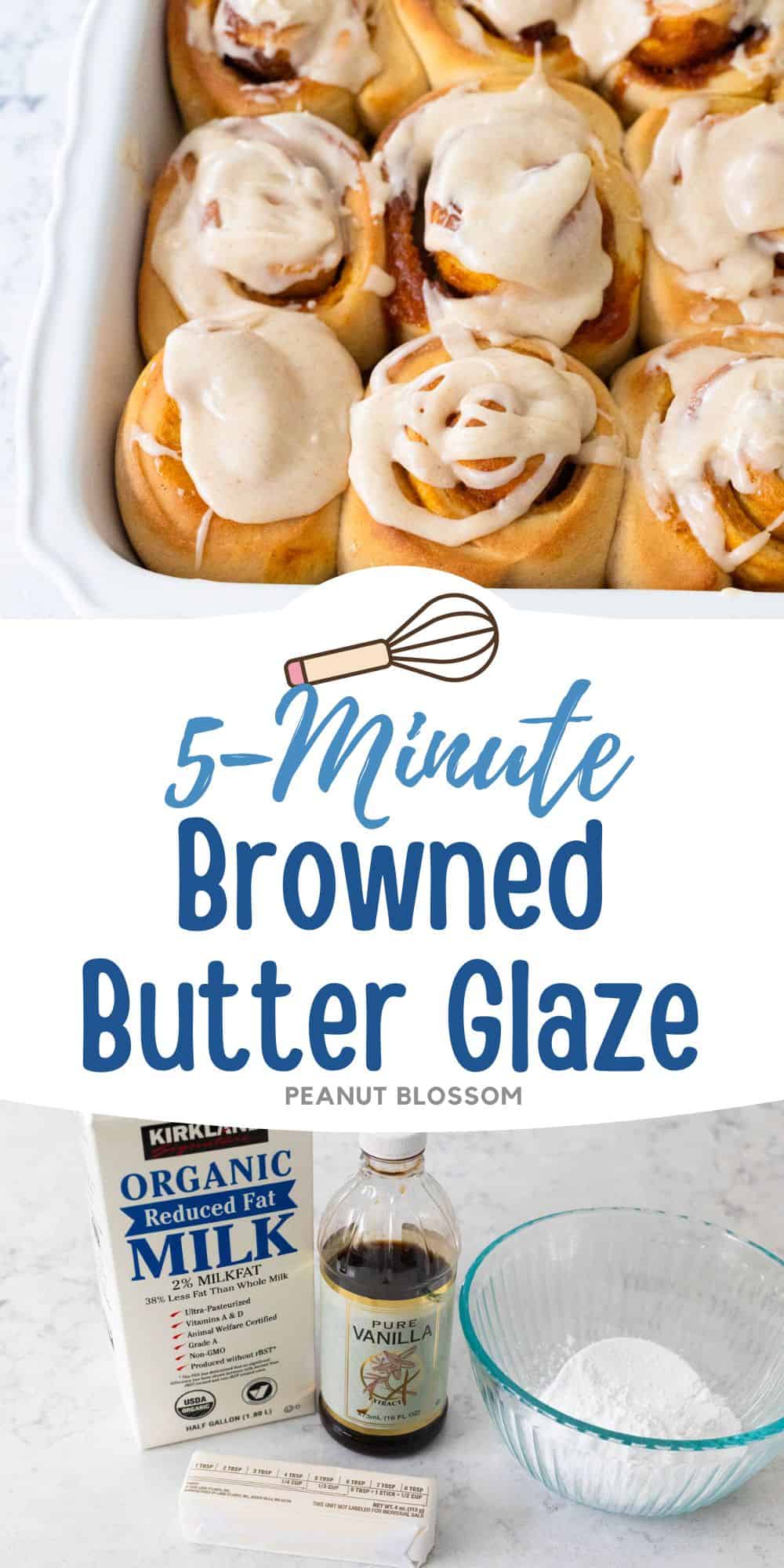 A pan of cinnamon rolls has browned butter glaze drizzled over the top.