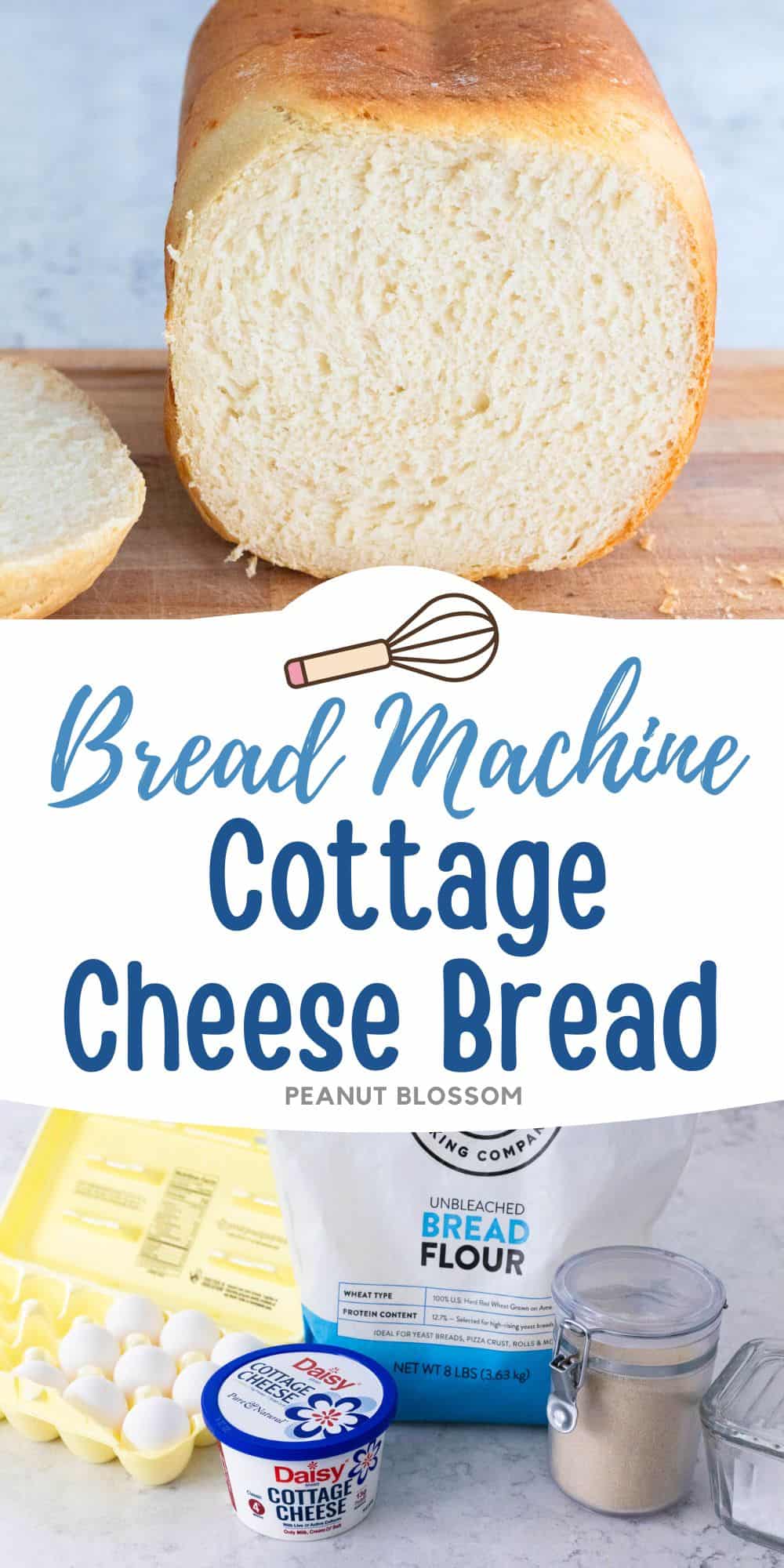 The photo collage shows the baked Cottage Cheese Bread next to a photo of the ingredients needed to make it.